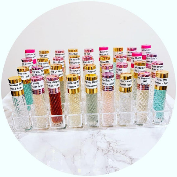 mix scented colorful fragrance body oil bottles standing next to each other