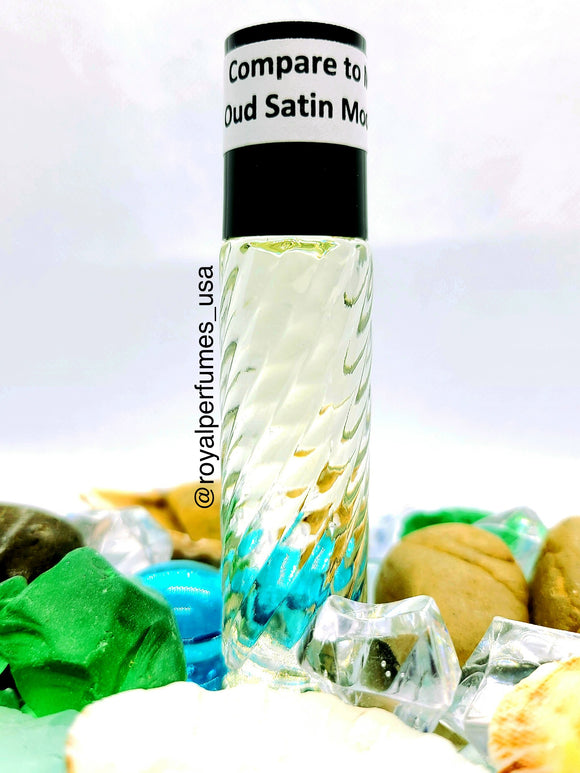 a bottle of Oud Satin Mood MFK type perfume body oil roll-on