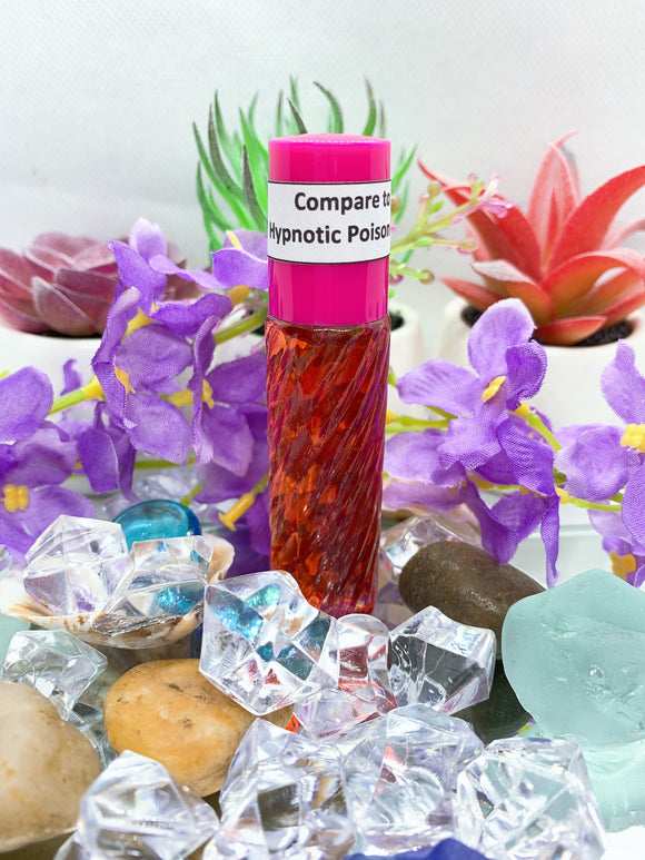 hypnotic poison type fragrance body oil, 10 ml roll on bottle with pink cap
